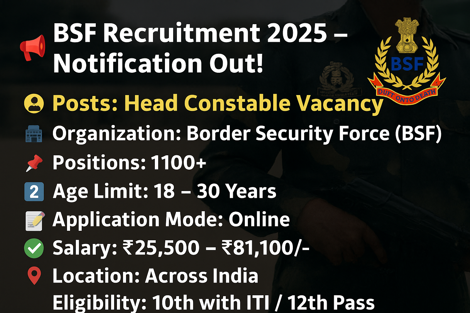 BSF (Border security force) Recruitment Notification 2025 Apply now